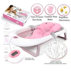 BABY HAPPY - Bañera de bebé plegable con cojín acolchado de apoyo ROSADO
