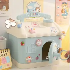 GENERICO - Alcancia casita kawaii celeste con llave y sticker 2d y 3d