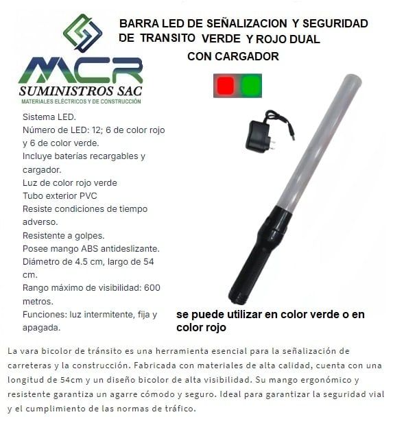 BARRA LED PARA SEÑALIZACION Y SEGURIDAD VERDE Y ROJO DUAL CON CARGADOR