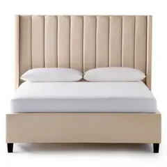 GENERICO - Cama Tapizada Listón con Patas de Madera 1.5 Plz Beige