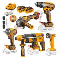 INGCO TOOLS - Taladro + llave de impacto + amoladora + rotomartillo + linterna Ingco