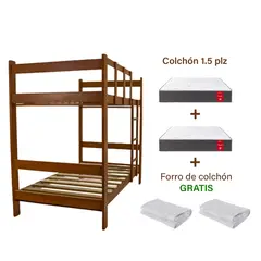 MUEBLES MACRUMO - Combo: Camarote de Madera color Caoba de 1.5 plz + 2 Colchones