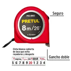 PRETUL - Wincha Cinta Métrica 8 metros Rojo