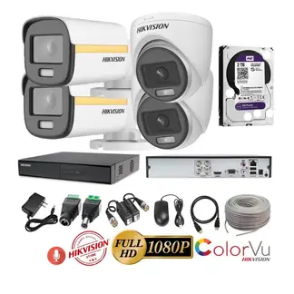 HIKVISION - Kit 4 Cámaras Seguridad FULLHD Color VU con AUDIO + 2TB + Cable