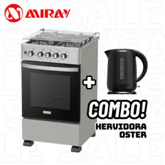 MIRAY - COCINA DE PIE A GAS 4 HORNILLAS CROMA - RUBI PLUS + HERVIDOR OSTER NEGRO