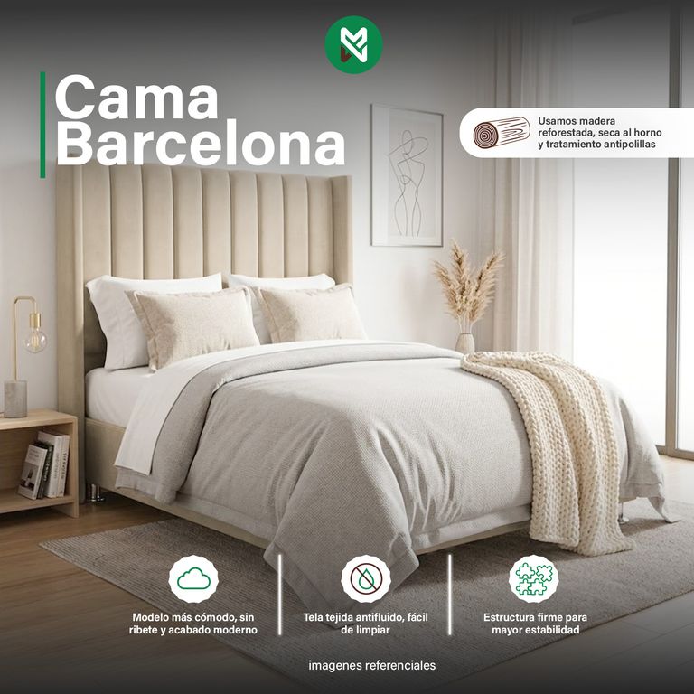 Cama Box Tarima Macrumo Barcelona + Cabecera 2 Plazas Beige Antifluido