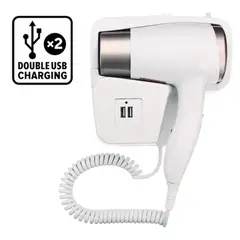 SEISA - Secadora de Cabello para Baño y Habitación Hoteles con Soporte de Pared y Cargador 5V USB - Blanco