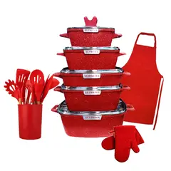 GENERICO - Set de Ollas Cuadradas SUPREMA Antiadherentes con Cucharones Rojo