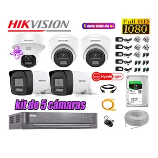 HIKVISION - Kit 5 Cámaras de Seguridad 2MP 1 Domo PTZ Full HD Audio Bidireccional 1TB