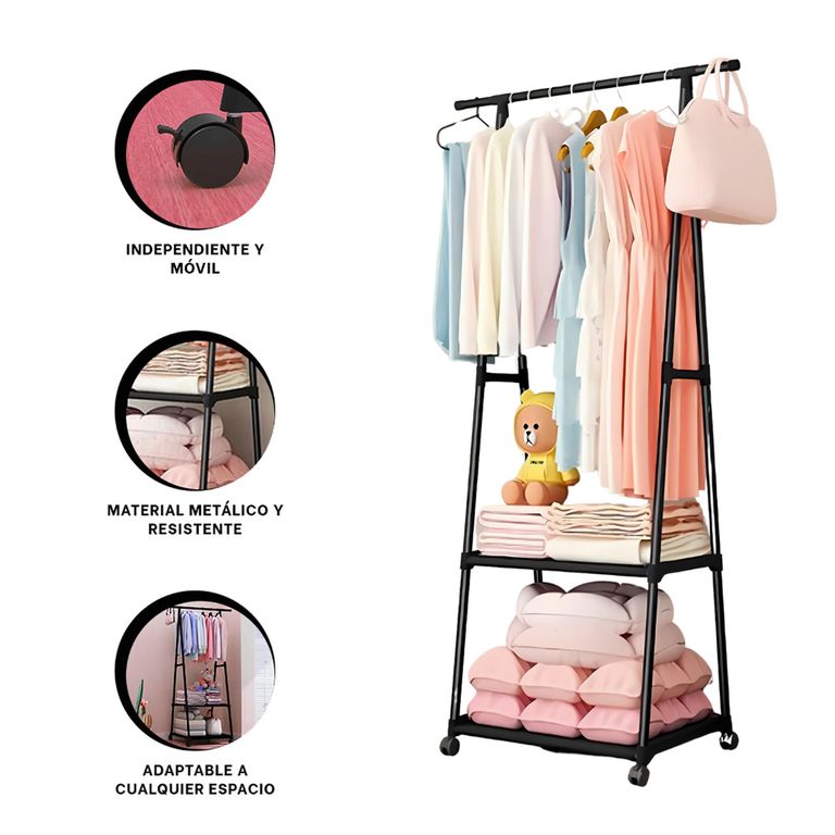 Colgador Perchero de Metal Organizador de Ropa con Ruedas - Negro - M