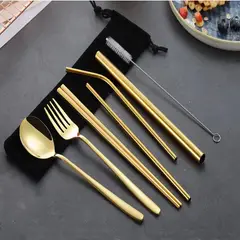 GENERICO - SET DE CUBIERTOS X7PZS PERSONAL DORADO - SORBETES PALILLOS CUBIERTOS
