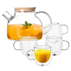 INSPIRA - Kit de Té Tetera con Tapa de Bambú más Set de 4 Tazas Doble Pared