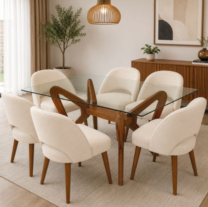 Juego de Comedor 6 Sillas Moon Crema Madera Tornillo