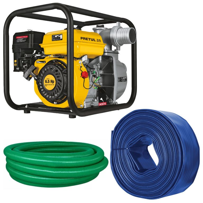 Combo Motobomba 6.5 HP 3"pulg Manguera de succion 6m y salida 25m