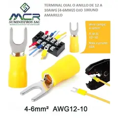 GENERICO - TERMINAL UÑA  AMARILLO AISLADO DE 12 A 10AWG 4A6MM2 OJO 3/16" 100UND