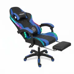 XION - Silla Gamer Luces RGB Raven 135° Reposapiés y Masajeador - Azul