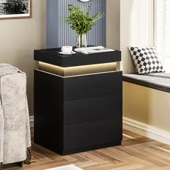 TU MESITA - Velador Mesa de Noche Tamaris Negro con luces LED 3 cajones