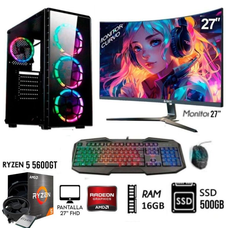 Computadora PC GAMER RYZEN 5 5600GT RAM 16GB DISCO SSD 500GB MONITOR 27 FHD