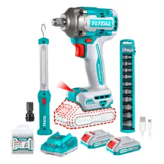 TOTAL TOOLS - Mega Combo Llave de Impacto 400Nm 20v + dados impacto + lámpara Total