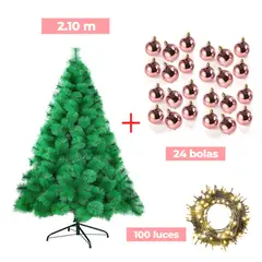 GENERICO - COMBO ARBOL NAVIDEÑO 2.10 M.+ 24 BOLAS ROSA + LUCES 100 FOCOS