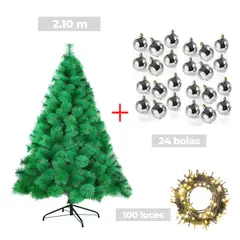 GENERICO - COMBO ARBOL NAVIDEÑO 2.10 M.+ 24 BOLAS PLATEADO + LUCES 100 FOCOS