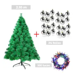 GENERICO - COMBO ARBOL NAVIDEÑO BLANCO 2.10 M.+ 24 BOLAS PLATEADO + LUCES MU