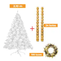 GENERICO - COMBO ARBOL NAVIDEÑO BLANCO 2.10 M.+ 24 BOLAS NARANJA + LUCES