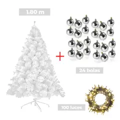 GENERICO - COMBO ARBOL NAVIDEÑO BLANCO 180 M.+ 24 BOLAS PLATEADO + LUCES