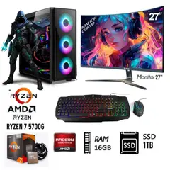 AMD - Computadora PC GAMER RYZEN 7-5700G RAM 16GB  DISCO SSD 1TB  MONITOR 27” FHD