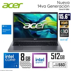 ACER - Laptop Aspire 15 Intel Core 5 120U 8GB LPDDR5 RAM 512GB SSD 15.6" FHD WIND 11 - A15-51P-57AR