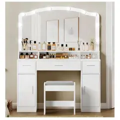TU MESITA - Tocador Moderno Kinda color Blanco 3 cajones 2 puertas espejo LED