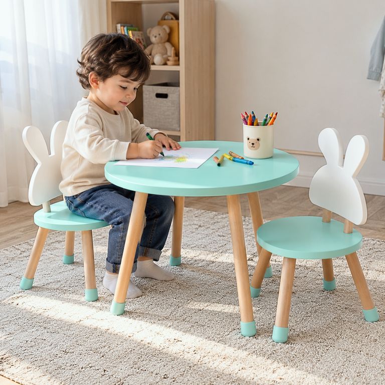 SET DE MESA Y SILLAS DE MADERA MONTESSORI VERDE AGUA