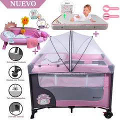 EBABY - Cuna Corral Happy Dream Rosado-Colchón y Bañera