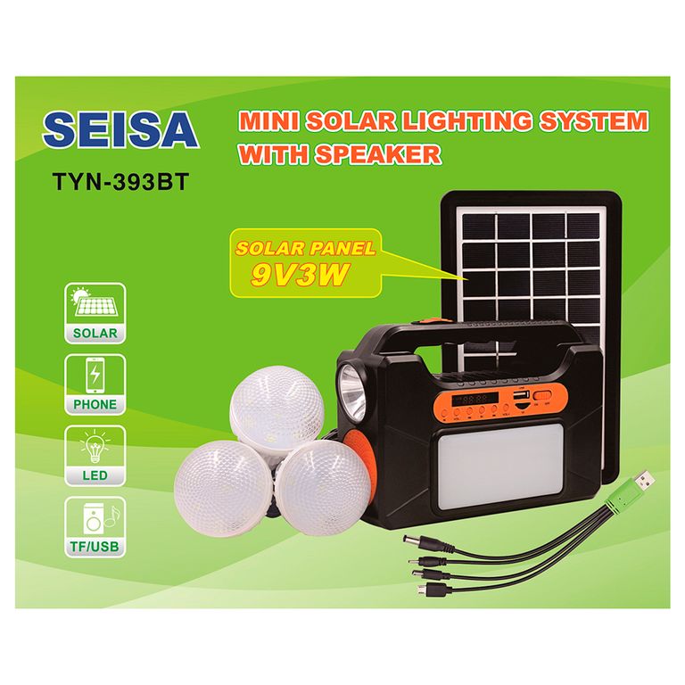 Mini kit de iluminación solar, 3 focos, linterna, FM/BT