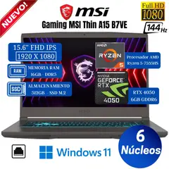MSI - Laptop Thin A15 B7VE 15.6" FHD IPS, Ryzen 5-7535HS, Ram 16GB, Ssd 512GB, Rtx 4050, Win 11 Pro
