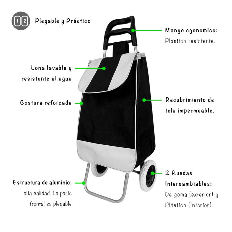 COCHE GRANDE PARA COMPRAS MERCADO HOGAR CON BOLSILLO Y CIERRE