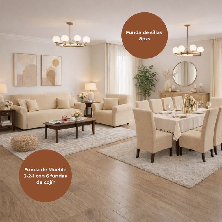 Pack Funda de mueble 3-2-1 con 8 fundas de silla Terciopelo Liso BEIGE