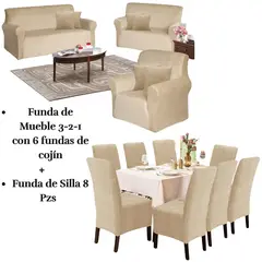 SALA FABULOSA - Pack Funda de mueble 3-2-1 con 8 fundas de silla Terciopelo Liso BEIGE