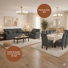 SALA FABULOSA - Pack Funda de mueble 3-2-1 con 8 fundas de silla Terciopelo Liso PLOMO