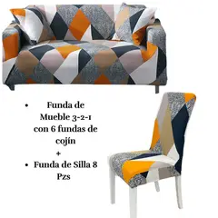 SALA FABULOSA - Pack Funda de Mueble 3-2-1 con 8 Fundas de Silla Lycra TRICOLOR