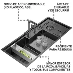 HILIVING - Lavadero Multifuncional De Lujo y Grifería Dual de Acero Inox 304 Negro con Recipiente para Residuos
