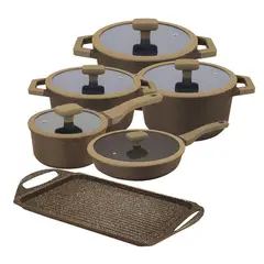 VALESKA - Juego de Ollas Roca Volcánica de 11 Pcs Color Marrón