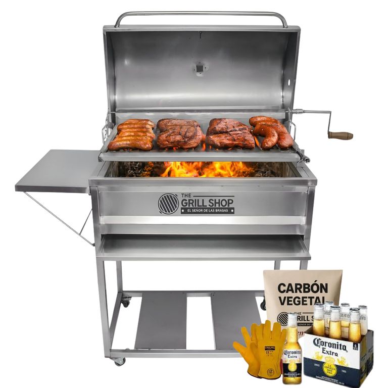Parrilla Grande Con Tapa de Acero Inoxidable+carbón+cerveza+guantes