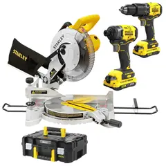 STANLEY - Sierra ingleteadora 10 plg, taladro percutor, atornillaor impacto 20V