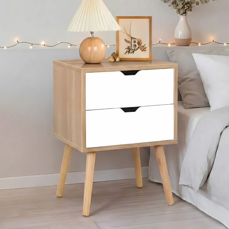 Velador Vintage Mesa de Noche Shavan 2 Cajones Blanco y Duna Huk