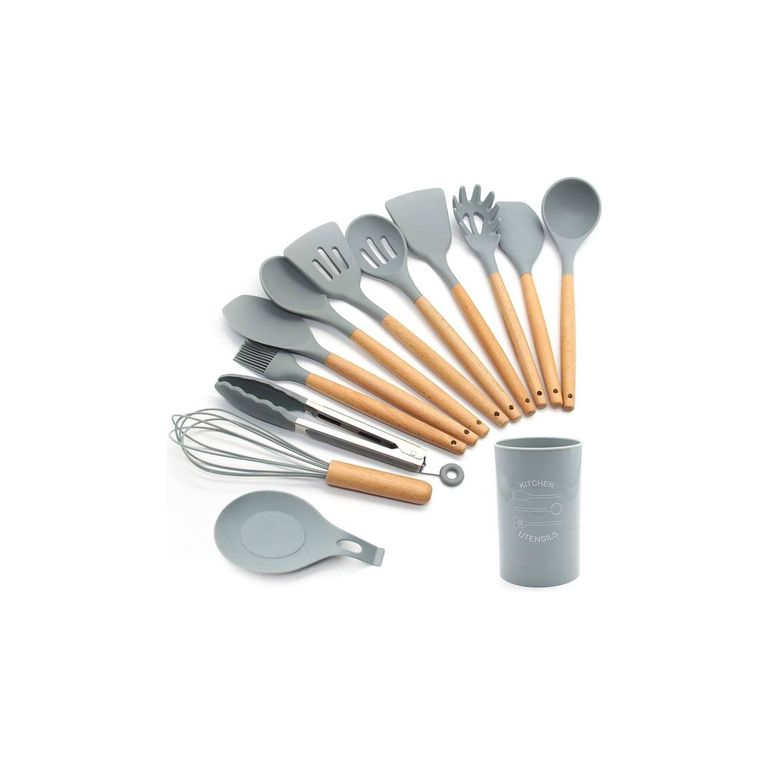 Set Cucharones Utensilios Silicona y Madera Cocina Premium Aleatorio