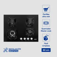 SOLE - Cocina Encimera SOLCO049 Vidrio Templado 60cm 4 hornillas