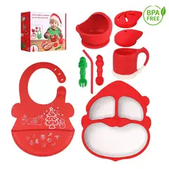GENERICO - Set navideño santa plato babero cubierto vaso rojo para bebe