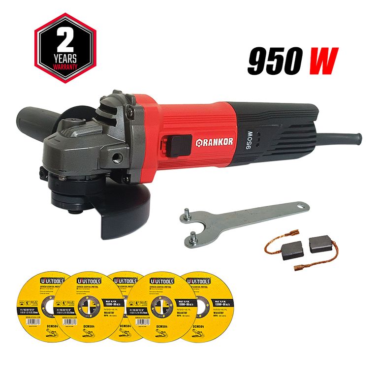 Amoladora Esmeril Angular Industrial 4 1/2" Rankor RAG950401 950W 11000rpm + 5 Discos Corte Metal