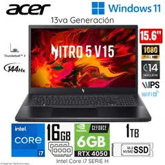 ACER - Laptop Nitro V15 ANV15-51-78MW Intel Corei7-13650H 16GB RAM 1TB SSD 15.6" FHD RTX4050-6GB